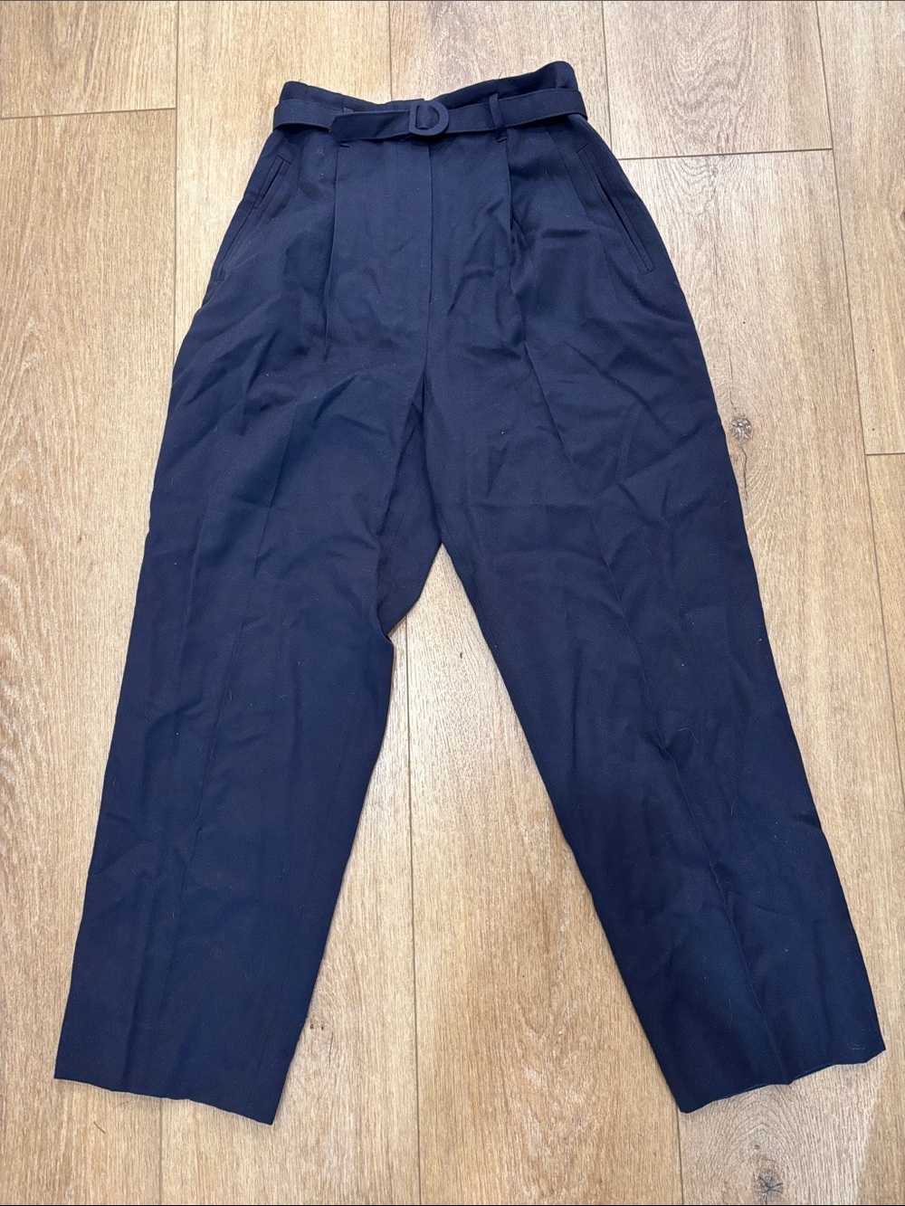 High-Waist Navy Virgin Wool Tailored Trousers with Belt